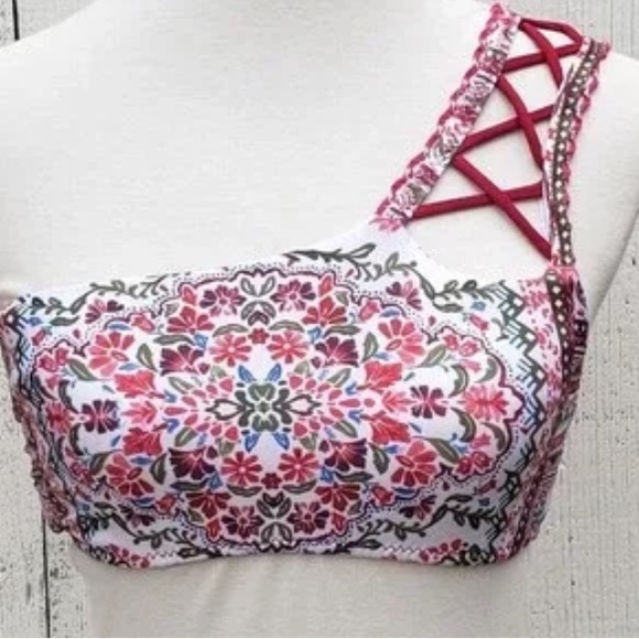 Becca One Strap Floral Red Laces Swimsuit Bikini Top NWOT - Picture 10 of 10